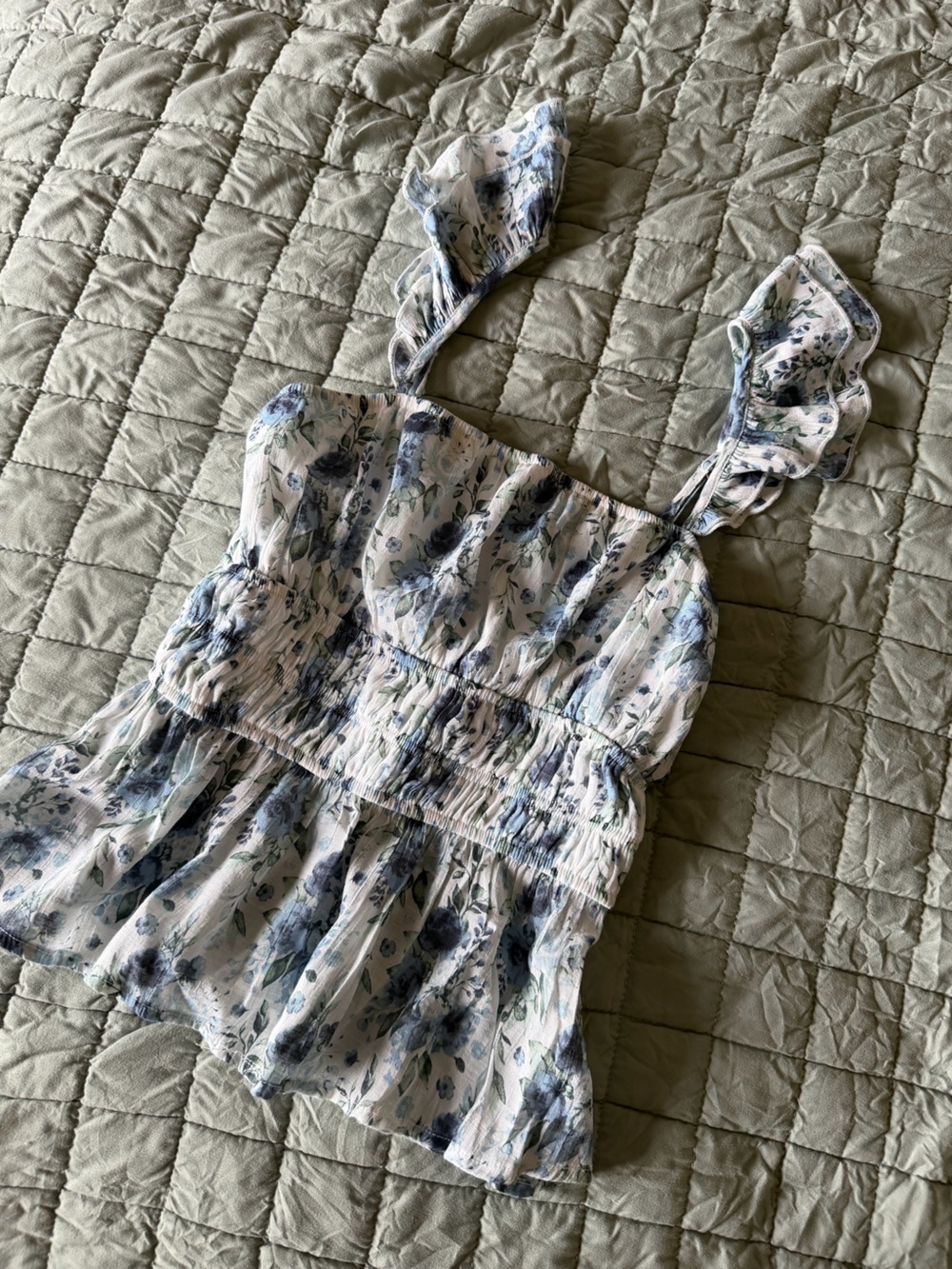 miami White Floral Smocked Peplum Bustier Top with Blue Print